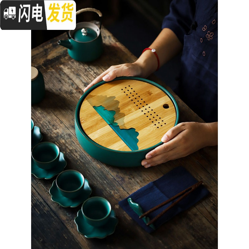 三维工匠日式提梁壶茶具套装家用陶瓷茶盘茶壶简约功夫茶具茶台小套组 仿古绿釉-观山阅水-提梁壶套装+海浪茶罐(配包)