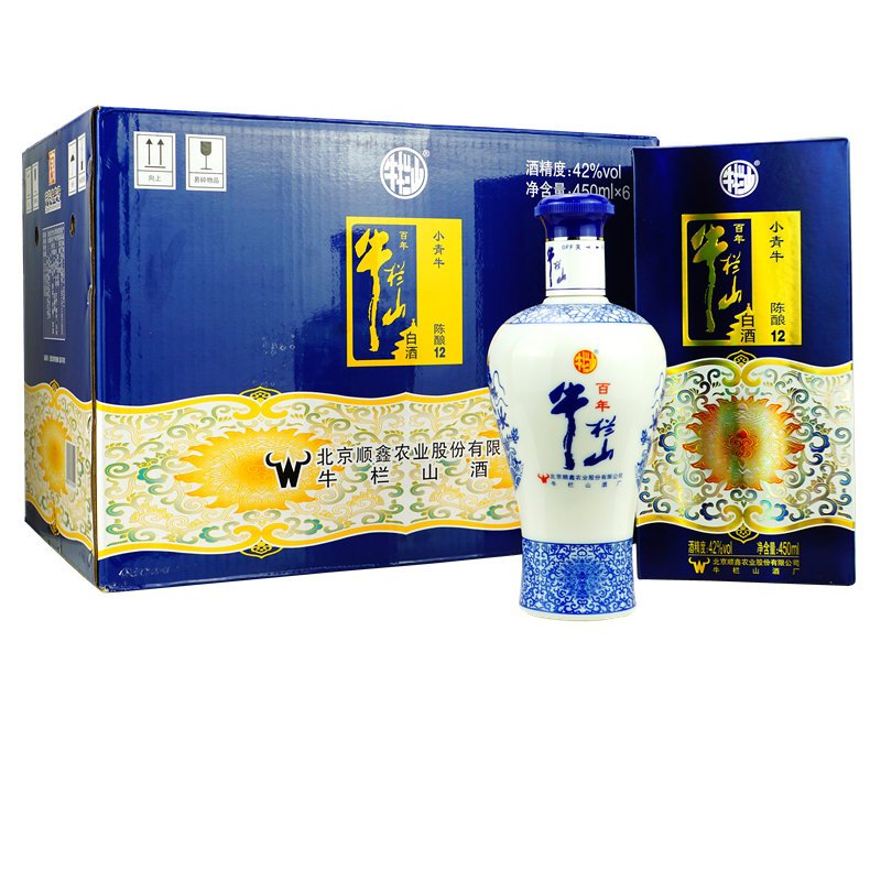 百年牛栏山42度小青牛陈酿12浓香纯粮固态法白酒450ml6瓶箱装配仨袋