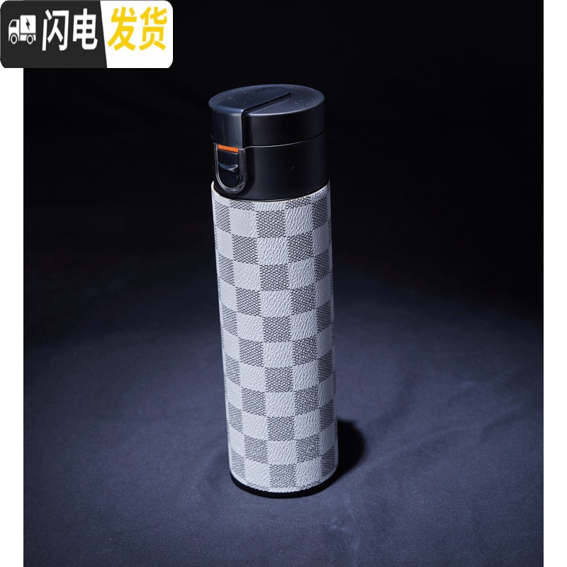 三维工匠私人订制 贴皮保温杯学生简约水杯瓶男女便携创意个性潮流大容量 白色灰白格子高清大图