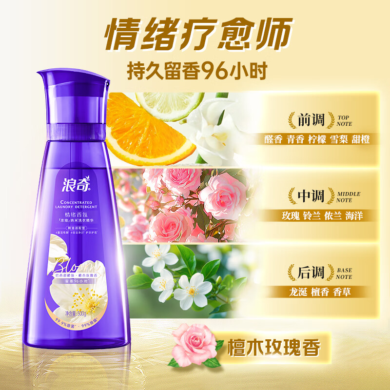 浪奇情绪香氛纳米洗衣液浓缩500g瓶*2 除菌除螨去污渍 15分钟快洗