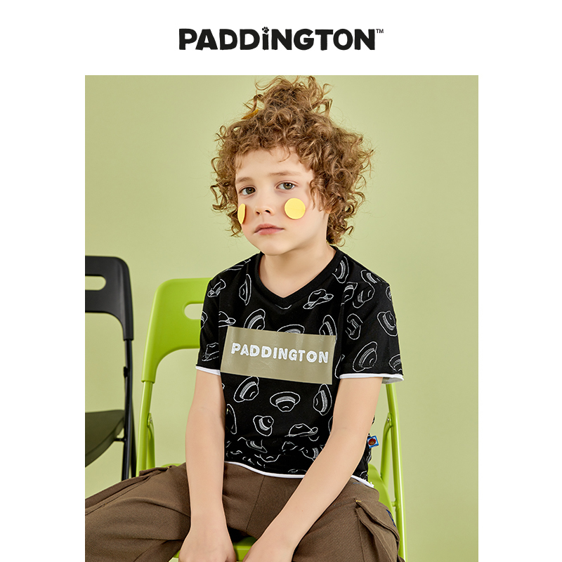 Paddington Bear帕丁顿熊童装帽子印花T恤夏季短袖上衣