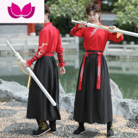 七斓汉服男款中国风古风武侠剑客男士大码公子学生班服套装古装服装男 S 双鹤男红+黑全套