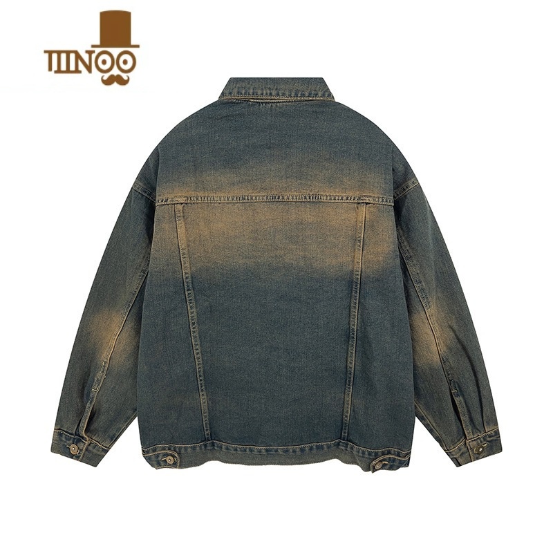 YANXU美式高街网红水洗黄泥复古牛仔外套后背字母夹克做旧宽松情侣男女高清大图