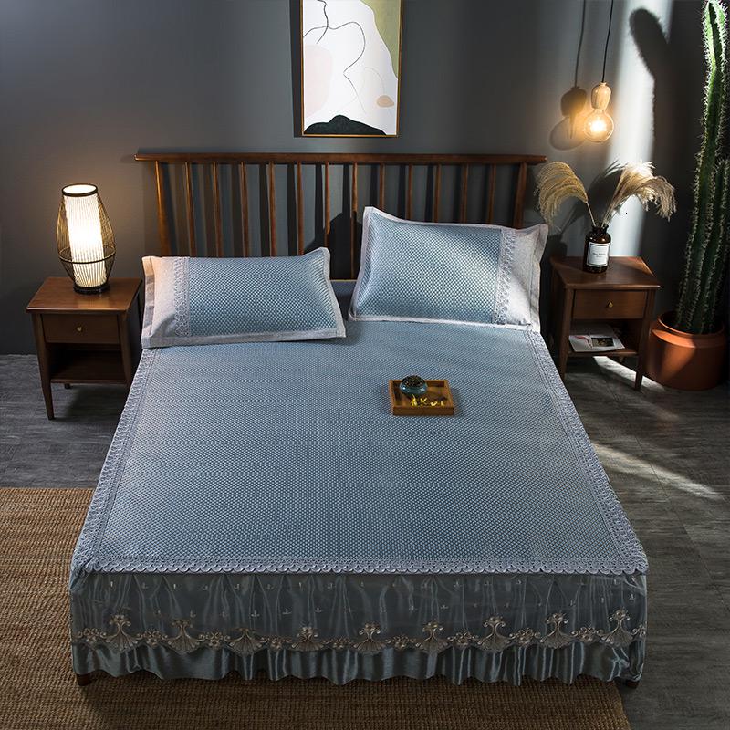 美帮汇蕾丝床裙款冰丝凉席三件套1.8m床1.5米可折叠空调夏季可水洗席子高清大图