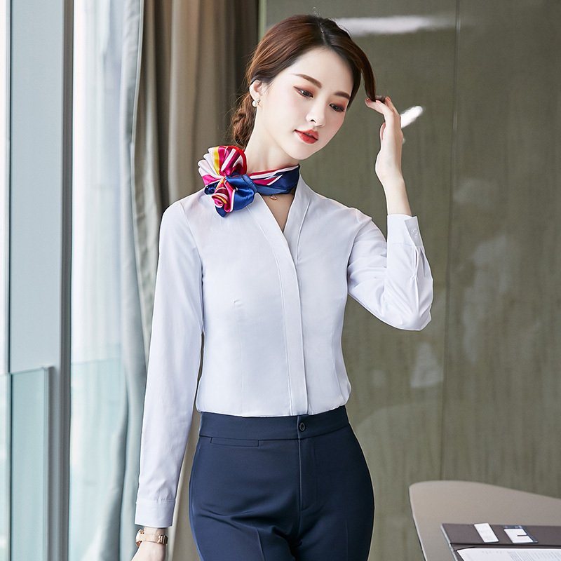 女士衬衫新款韩版南航空姐白衬衫女v领长袖工作服修身空乘面试装制服