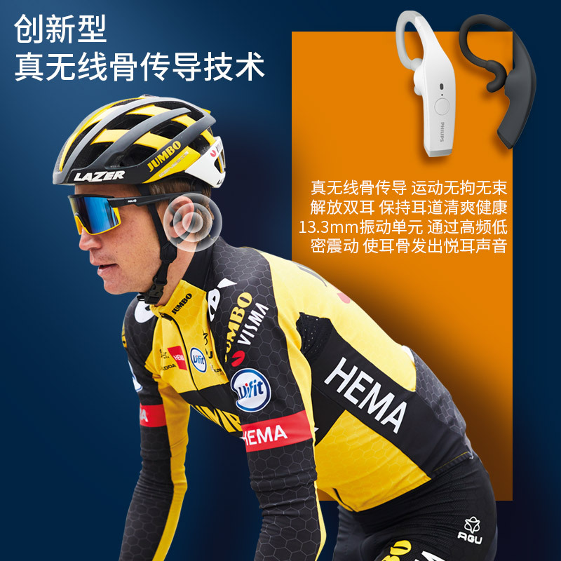 Philips/飞利浦TAA8606黑色 新型骨传导耳机无线蓝牙运动耳机挂耳式夜跑灯设计无线充电双麦克风降噪