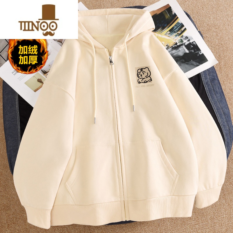 YANXU加绒加厚拉链卫衣男士2022新款ins潮牌oversize连帽开衫外套高清大图