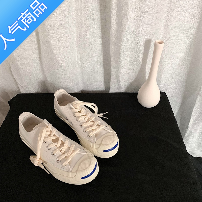SUNTEK 韩国ulzzang小白鞋复古开口笑低帮板鞋港风chic帆布鞋男女