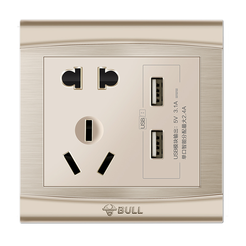 bull公牛开关插座86型g19拉丝香槟金五孔面板暗装带2usb墙面墙壁电源