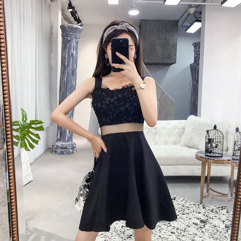 连衣裙女夏2018韩版修身显瘦名媛气质露腰短裙露背大摆a字裙