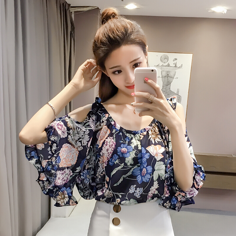 雪纺衫女夏装2018新款韩版碎花百搭上衣宽松显瘦印花大码