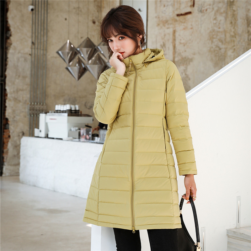 女式90绒女装连帽带帽无缝压胶羽绒服新款中长款大码外套 黄色 XXL