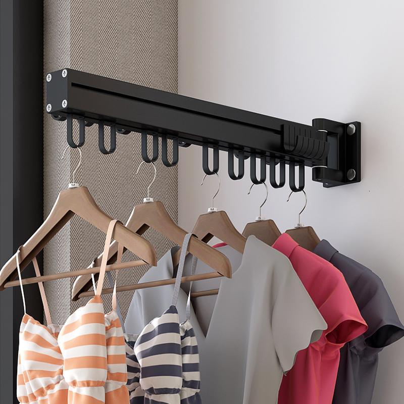 折叠晾衣架阳台晾衣杆室内家用伸缩小型壁挂式米魁简易隐形晒凉衣黑色