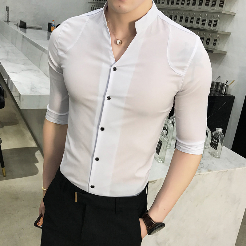 型师夜店黑色衬衫5七分袖男V领百搭纯色韩版修身商务衬衫夏季潮
