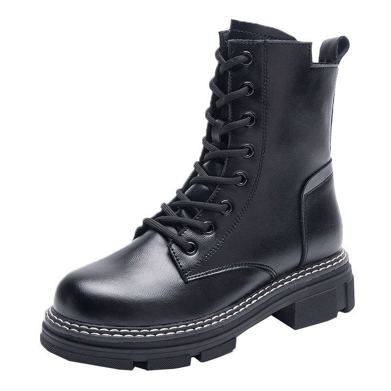 秋冬季加绒厚底真皮牛皮马丁靴女韩版系带女靴子休闲女学生鞋子 女图片