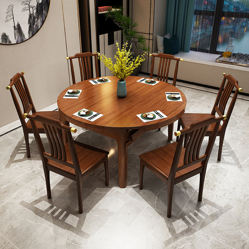 寻木匠小户型新中式实木餐桌椅组合金丝檀木伸缩折叠圆桌饭桌一桌6椅