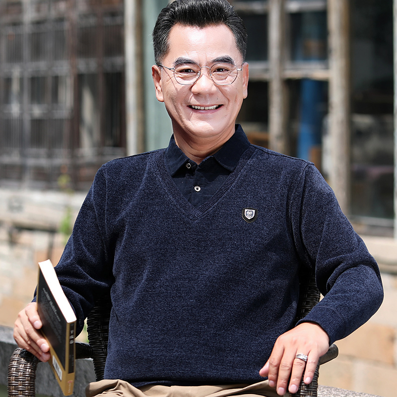 baluoshang男士假两件套针织衫上衣加绒加厚保暖中老年雪尼尔毛衣爸爸