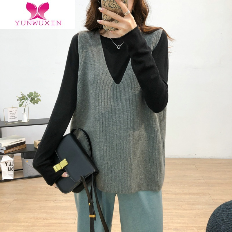 yunwuxin针织绒衫马甲背心女新品宽松无袖外穿女装v领毛衣百搭厚毛