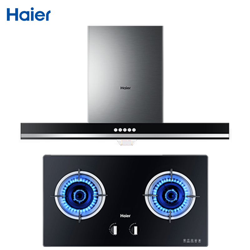 海尔(Haier)欧式T型抽油烟机燃气灶具套装 家用烟灶套餐 燃气灶双灶 按键式15立方E900TS1+QE535天然气