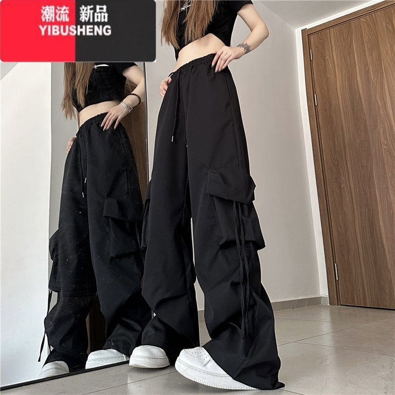 yibusheng胖mm300斤大码美式复古工装裤女季宽松高腰设计感休闲阔腿裤