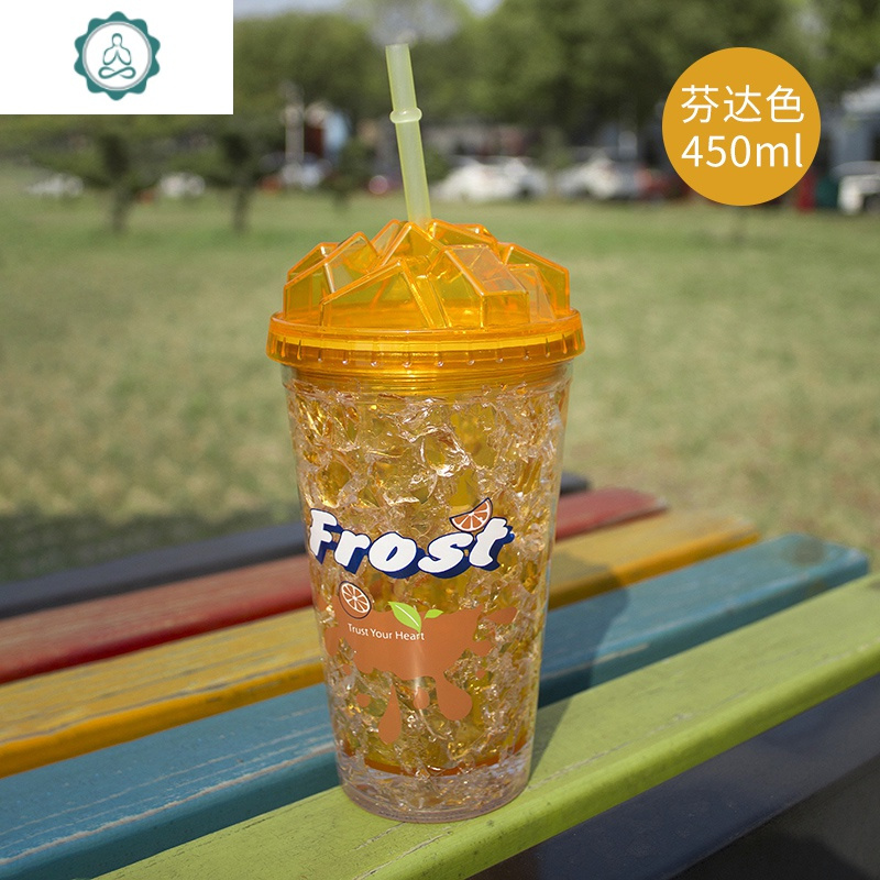 带吸管抖音网红水杯女冰杯双层制冷冰镇学生茶杯ins 封后 芬达色[450]