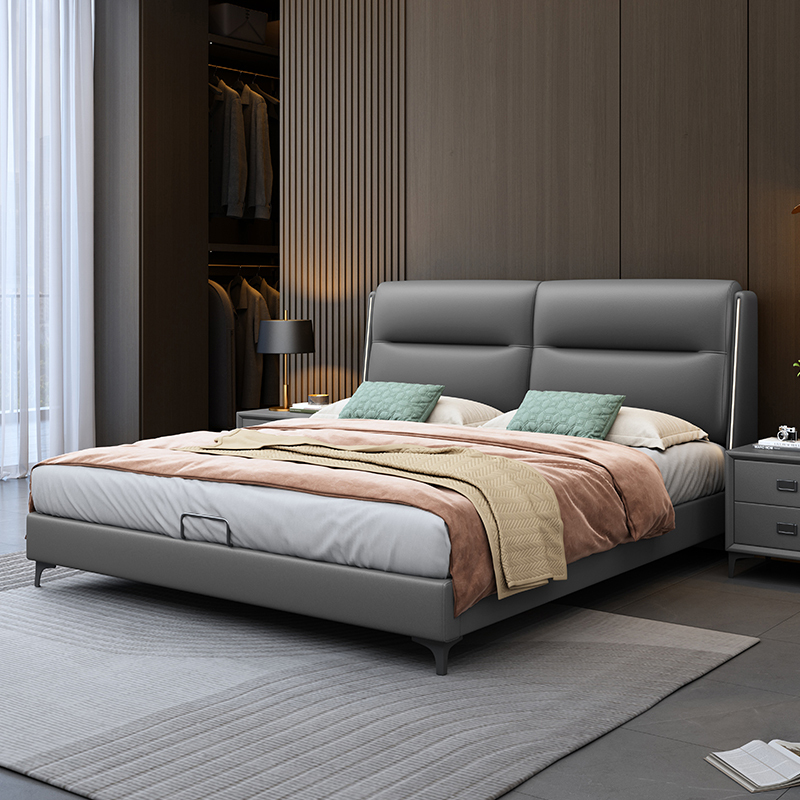 兰秀家居简约双人纳帕皮床现代风18m高箱储物床双人床设计师款家用软