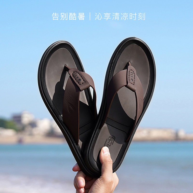骆驼动感人字拖男真皮夹趾网红拖鞋潮夏外穿室外夹脚趾男士凉拖鞋