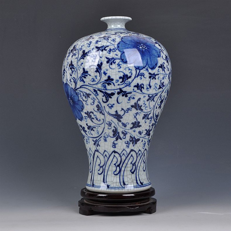 景德镇陶瓷器 手绘釉下彩仿古官窑青花瓷花 博古架工艺品家居摆设 三维工匠 手绘仿古青花裂纹梅瓶送底座摆件高清大图