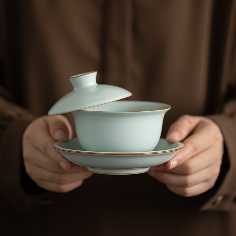 苏氏陶瓷(SUSHI CERAMICS)汝窑功夫茶具侧把泡茶壶三才盖碗茶杯茶洗六君子大套组礼盒装