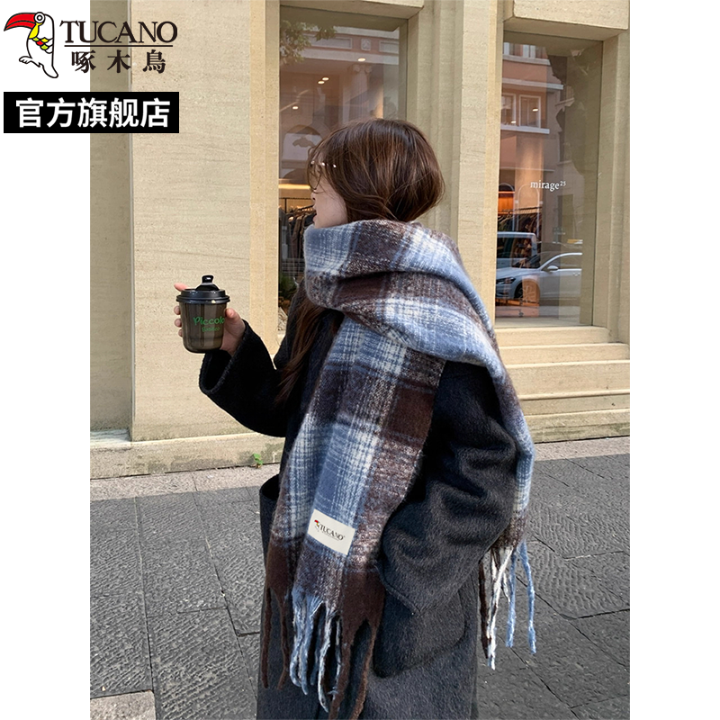 啄木鸟2025新款蓝咖格纹围巾女冬季韩版氛围感加厚保暖围脖披肩新高清大图