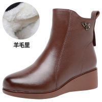 头层牛皮羊雪地靴皮毛一体短靴女冬加绒加厚冬季保暖妈妈棉鞋 深棕色 40