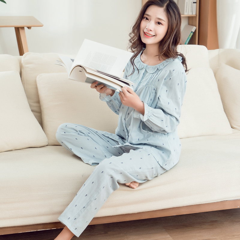 贝吻妈咪 孕妇月子服夏纱布薄款家居服产后喂奶衣棉哺乳衣套装B7079