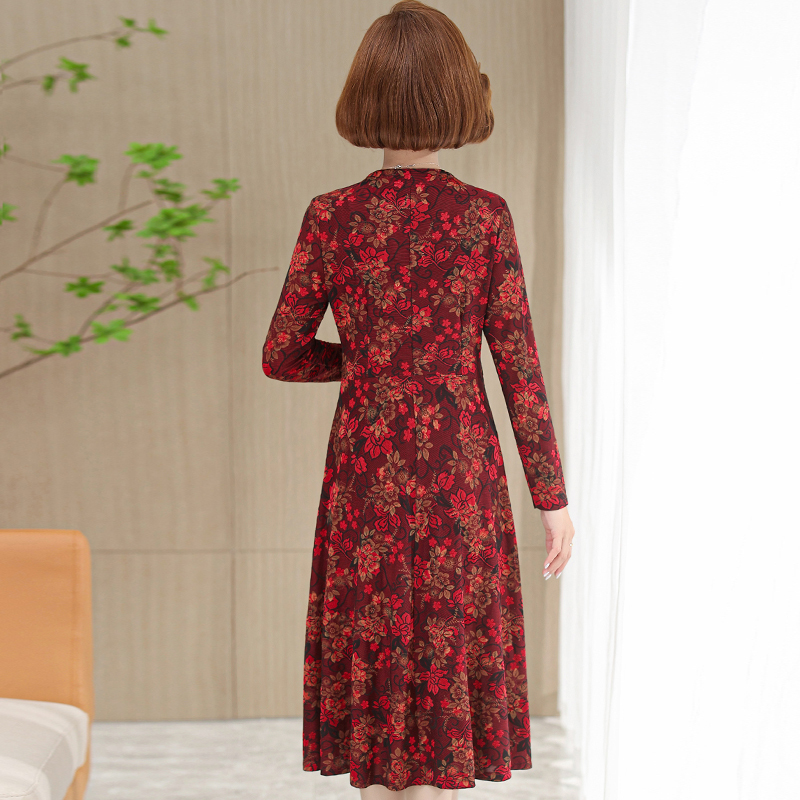 歌爱妮2021妈妈秋装连衣裙新款洋气中年女装春秋长袖裙子气质V领薄长裙