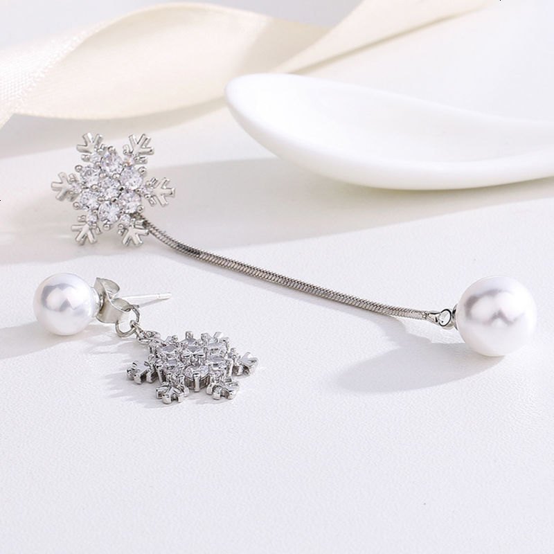 韩版S925雪花款镶珍珠气质新款简约流苏耳环耳饰厂家饰品