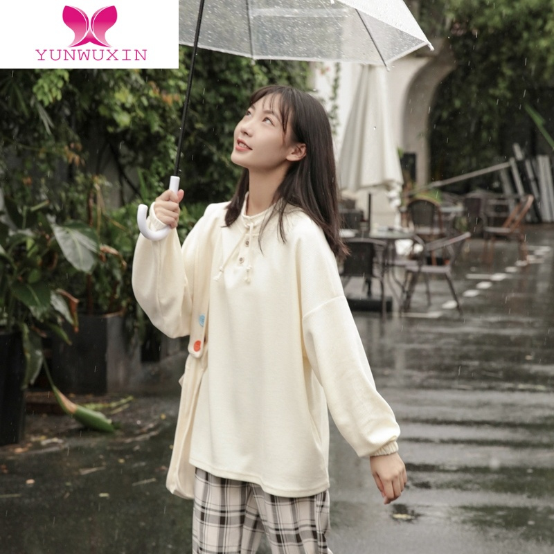 YUNWUXIN杏色圆领抽绳卫衣女宽松bf慵懒风长袖日系2022早秋新款上衣
