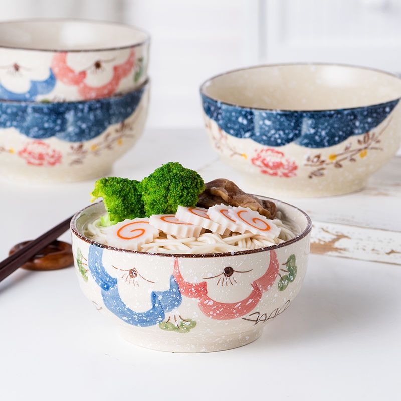 日式风6英寸瓷碗釉下彩陶瓷餐具家用碗高脚防烫菜汤碗可密封瓷碗 五彩6英寸面碗1个装