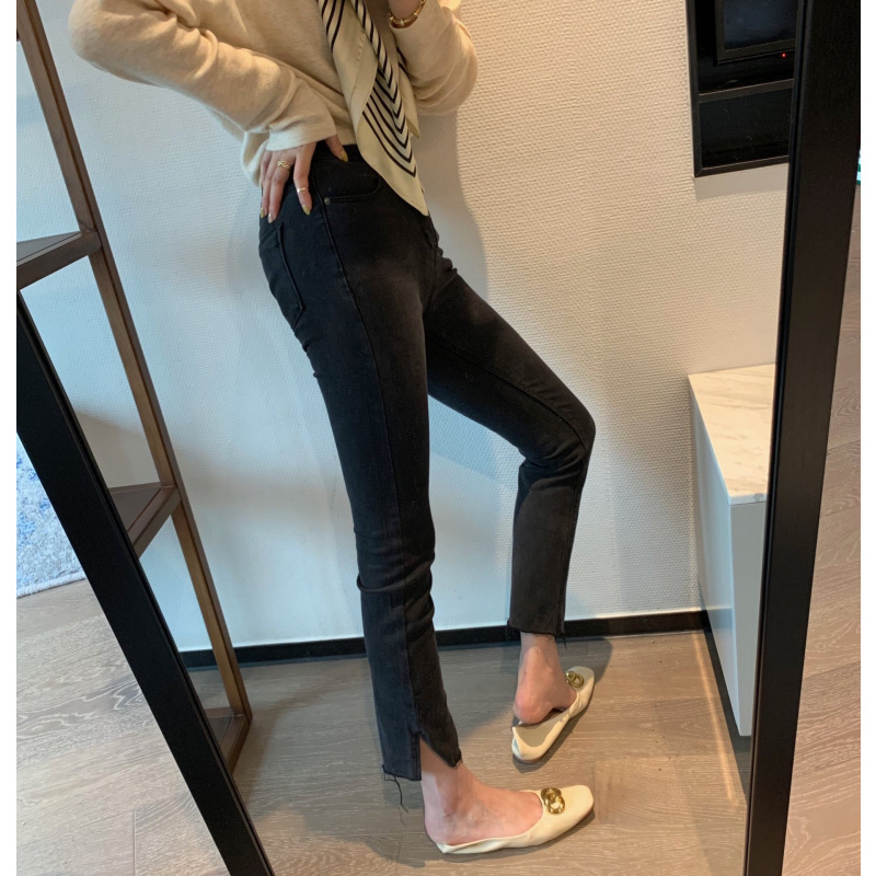 SUNTEK百搭显瘦弹力修身黑色高腰牛仔裤女裤脚开叉毛边小脚裤九分铅笔裤牛仔裤