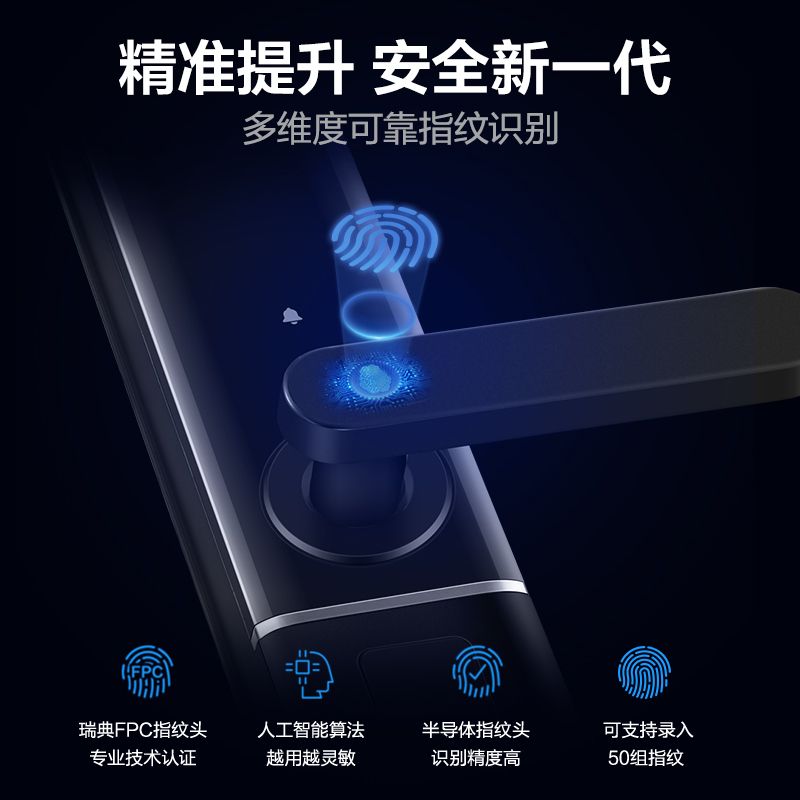 Midea美的智能指纹锁曜石黑家用防盗门智能门锁密码锁推拉式开门全自动电子锁铝合金材质锁芯 斜舌 通用型