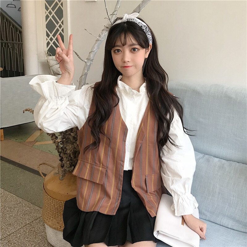 2018秋季新款港味木耳领长袖衬衫女韩范学院风花边宽松灯笼袖上衣 白色 均码