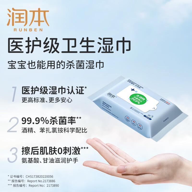 润本(RUNBEN)酒精消毒湿巾 湿纸巾酒精棉片家用大包装 卫生酒精湿巾20抽/包高清大图
