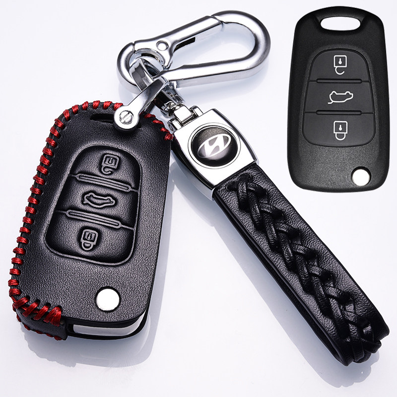 【补贴10%】北京现代途胜瑞纳真皮钥匙套专用悦动名图悦纳朗动领动汽车钥匙包汽车钥匙包 现代F款黑红色+绳扣