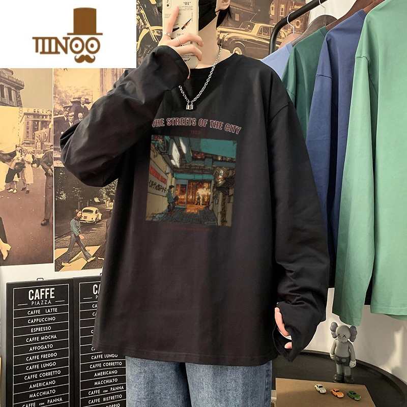 YANXU长袖t恤男夏季薄款宽松2023新款秋季体恤打底衫黑色港风百底 3XL 长袖黑色复古小巷