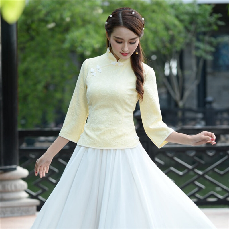 旗袍上衣改良时尚修身唐装复古中式女装七分袖汉服禅茶服春夏装jyl