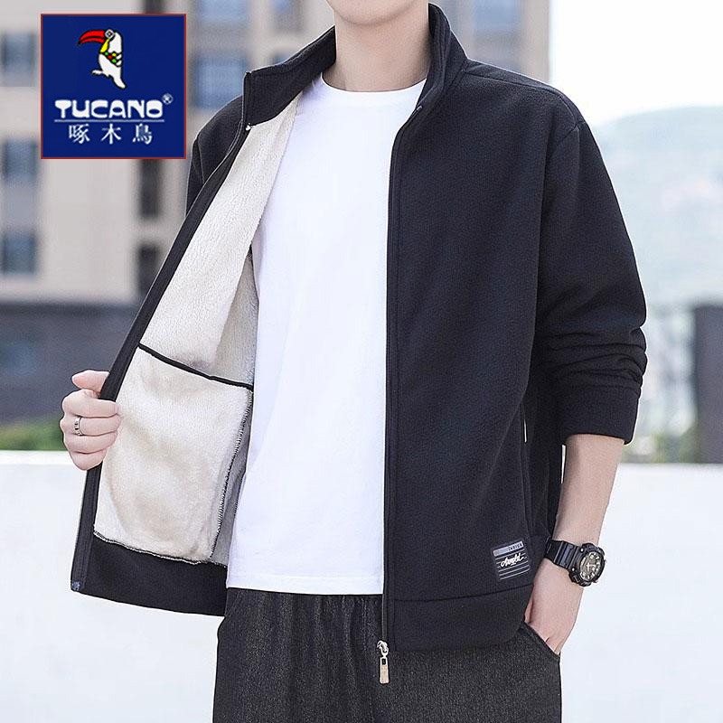 啄木鸟摇粒绒立领外套男士秋冬款加绒休闲开衫卫衣抓绒男装夹啄高清大图