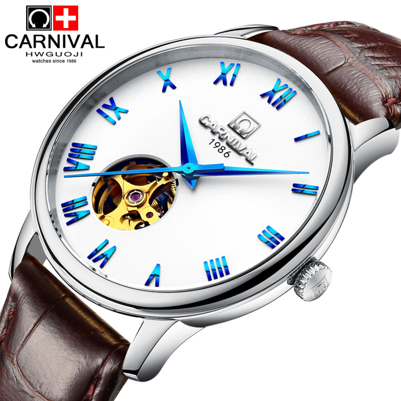 嘉年华Carnival瑞士正品全自动机械表 男士镂空防水真皮表带男表时尚薄型休闲时尚皮带腕表508L镂空高清大图