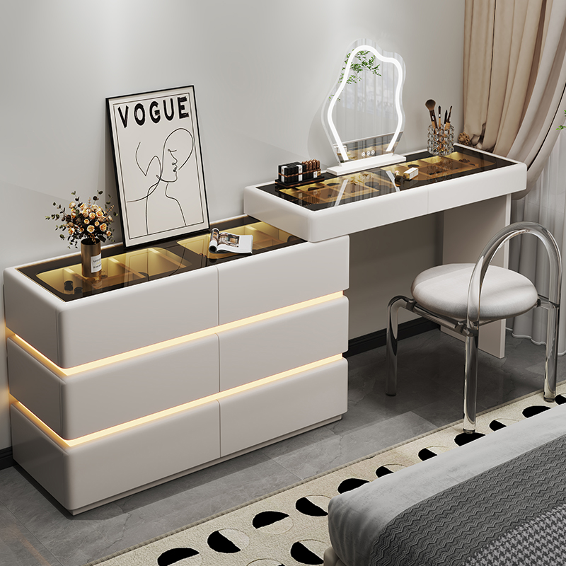 欧梵森奶油风梳妆台斗柜一体可伸缩转角带感应灯化妆桌现代简约卧室收纳柜高清大图
