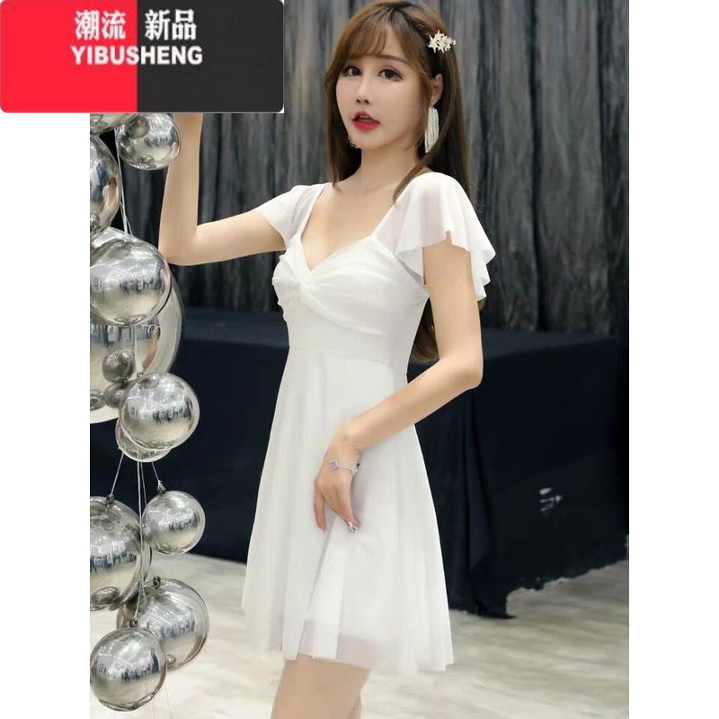 YIBUSHENG网红时尚2024春季新款性感低胸女装露背飞飞袖技师工作服连衣裙潮 白色9A2-6619 2XL