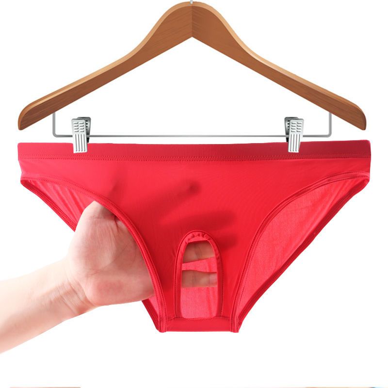 情趣男士内裤男一片式三角裤冰丝开裆性感男女通用超薄免脱裤头