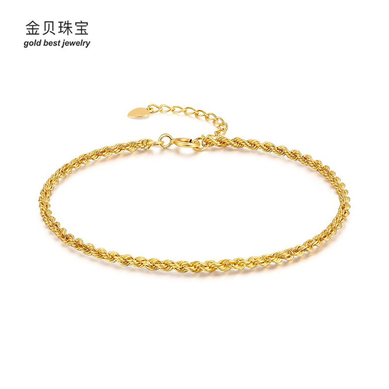 金贝珠宝18k黄金麻绳手链彩金扭绳链au750麻花扭扭链可调节显粗黄金