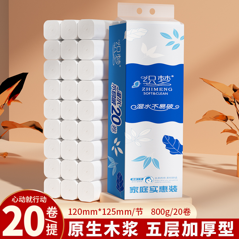 织梦 卫生纸家用原生木浆无芯卷纸 五层加厚20卷每提 整提装便携实惠装擦手纸厕纸巾 母婴可用 1提装